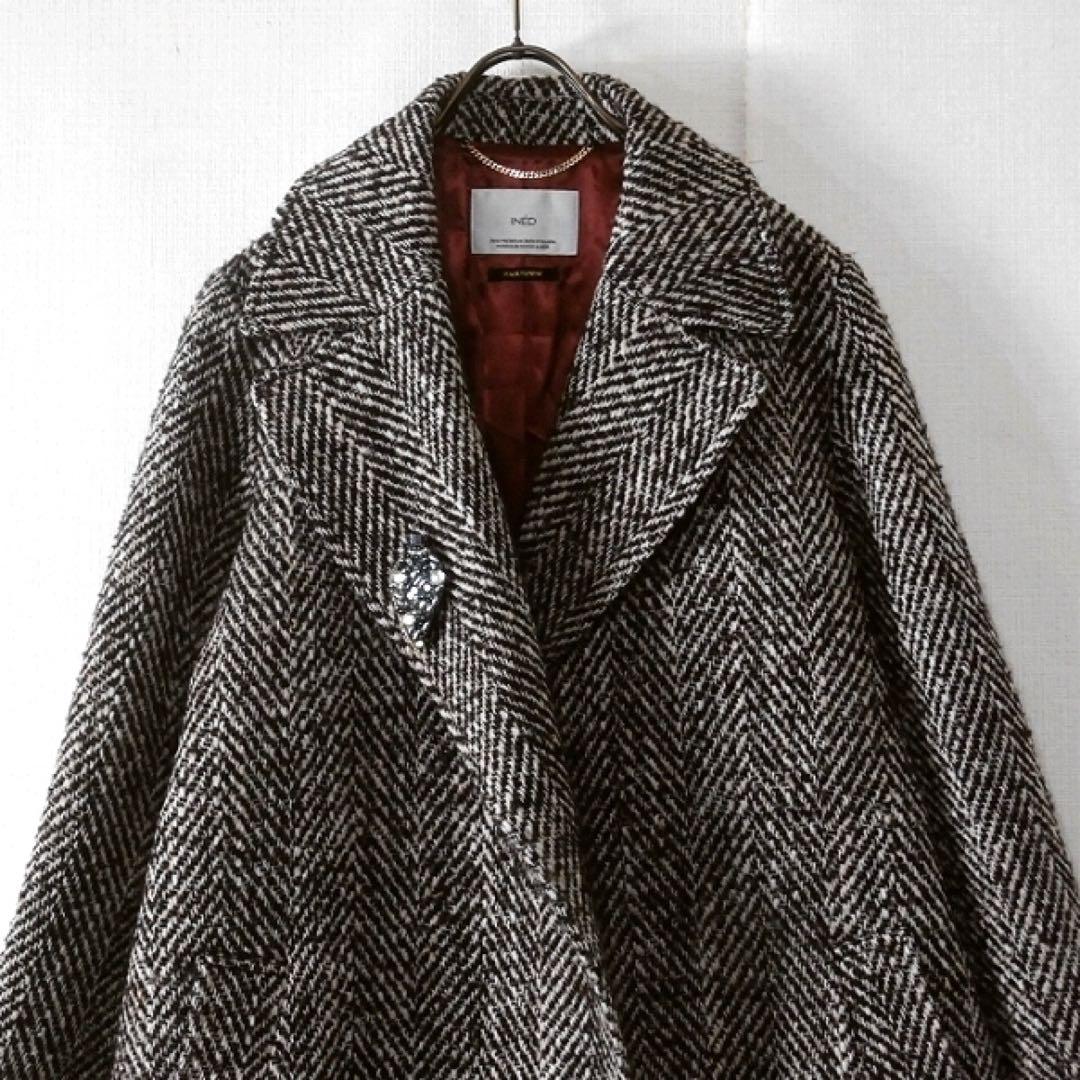 イネド / ヘリンボーン ロングコート ベルト付 7号 日本製 ウール 上品