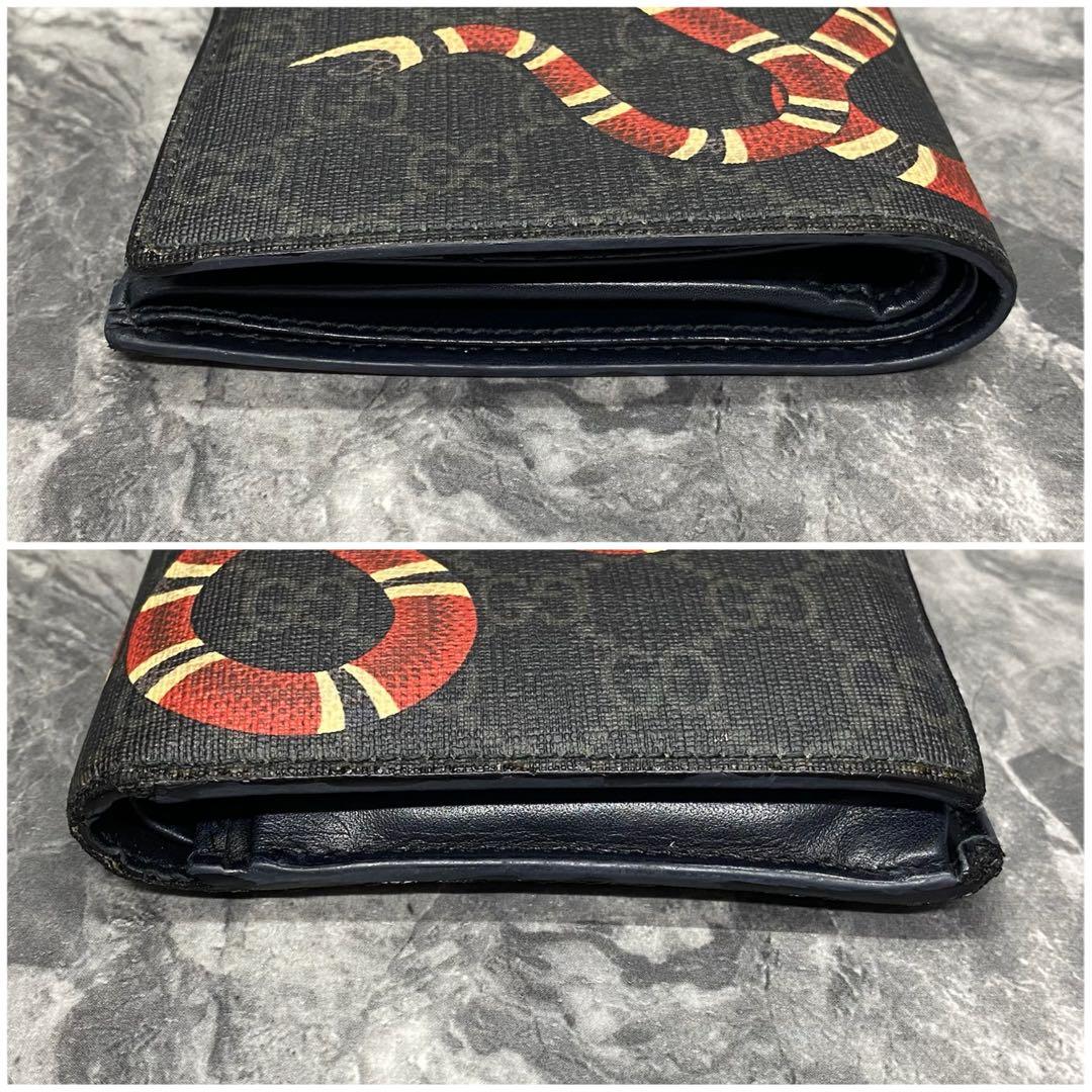 希少✨グッチ　二つ折り財布 ラウンドファスナー　蛇　GGスプリーム　レザー　黒