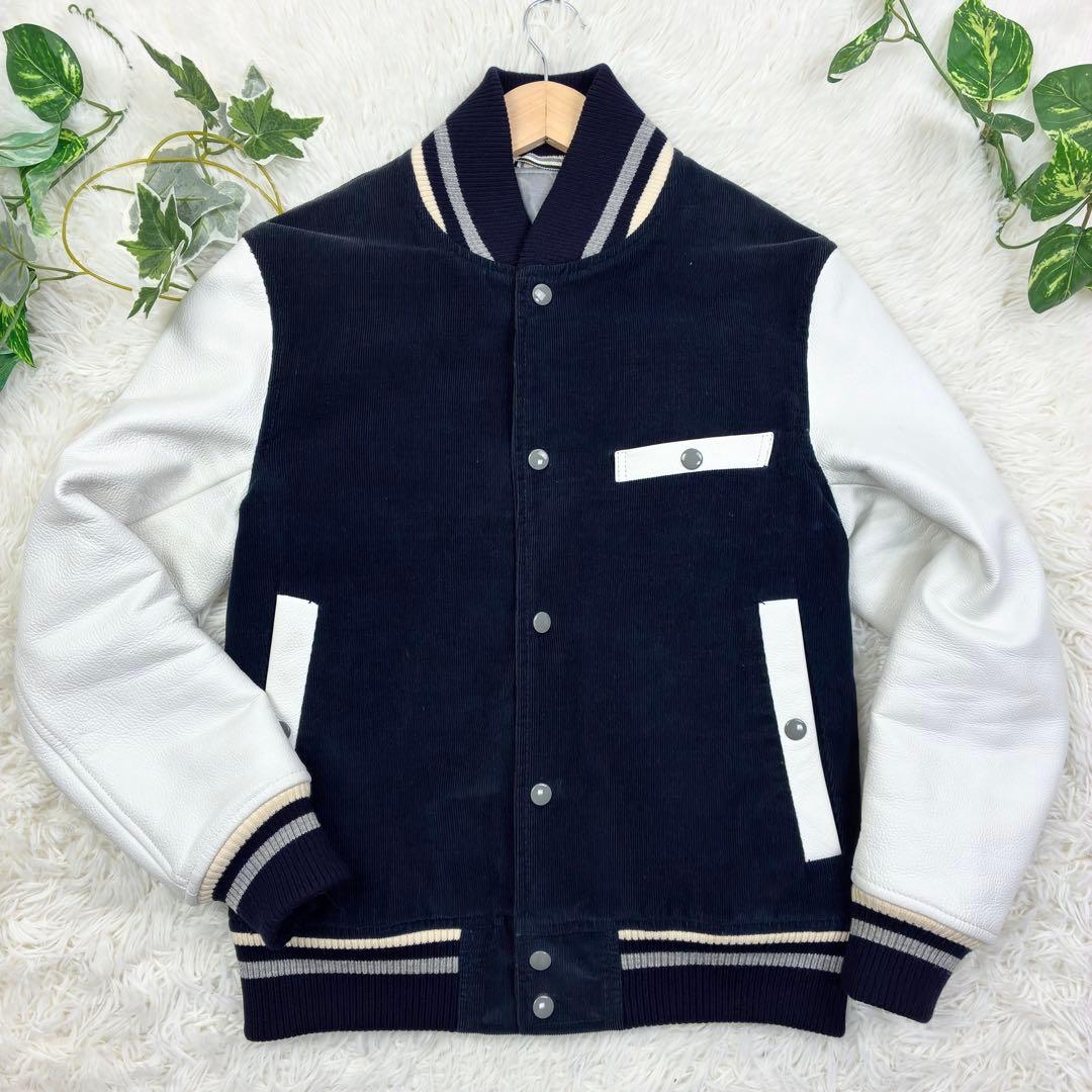 美品　トムブラウン　袖レザー　ビッグロゴ　コーデュロイ　スタジャン　M　紺　白
