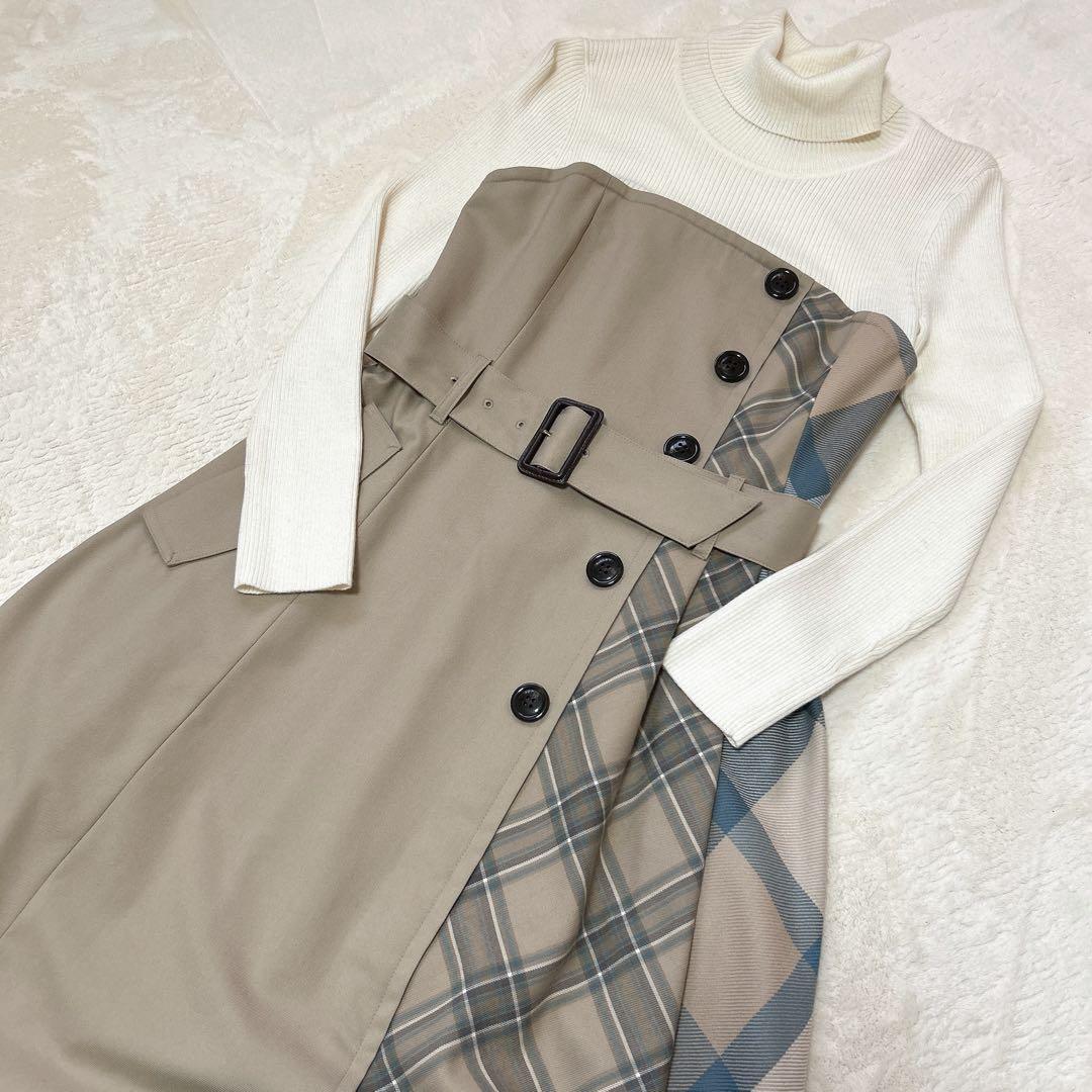 美品 ブルーレーベル クレストブリッジ ニットコンビワンピース ベージュ 春秋冬