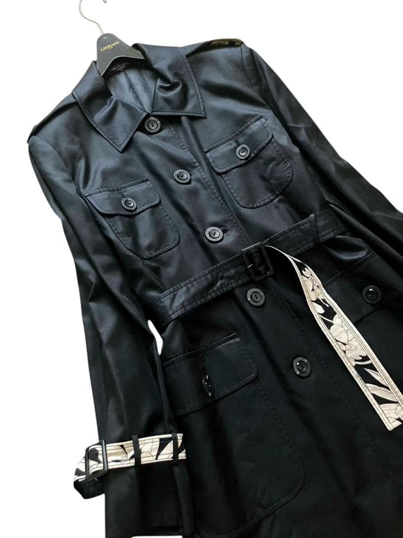 美品 レオナール シルク ロングコート ベルト付き フラワートリム 大きいサイズ