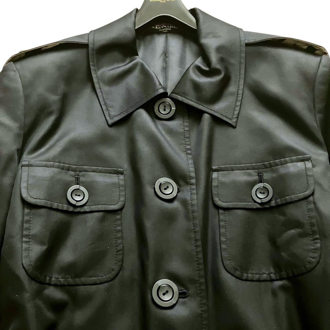 美品 レオナール シルク ロングコート ベルト付き フラワートリム 大きいサイズ