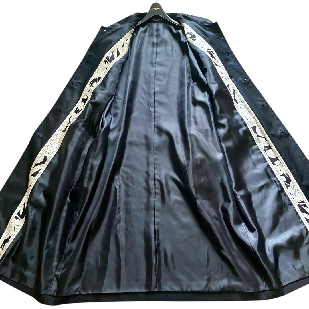 美品 レオナール シルク ロングコート ベルト付き フラワートリム 大きいサイズ