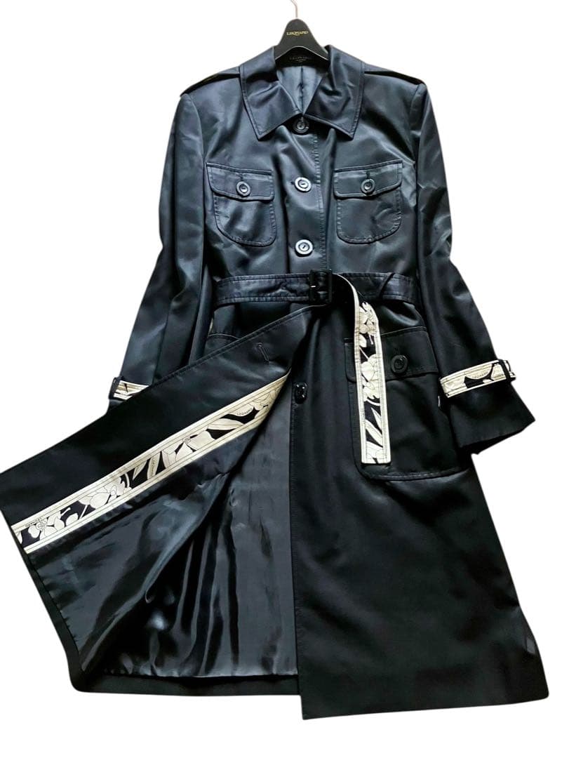 美品 レオナール シルク ロングコート ベルト付き フラワートリム 大きいサイズ