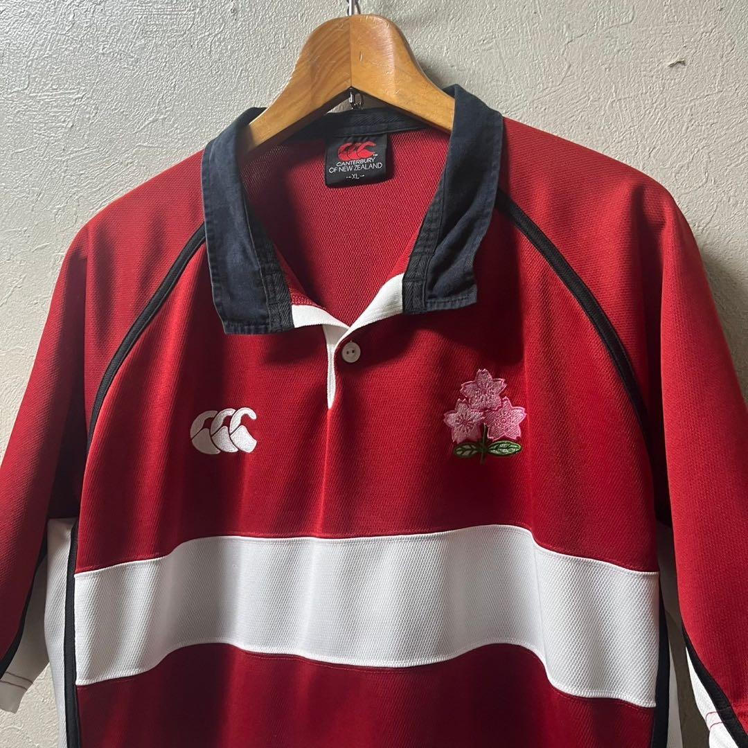 ラグビー 赤白ボーダーシャツ ラグビージャージ 刺繍ロゴ 桜 日本代表　XL