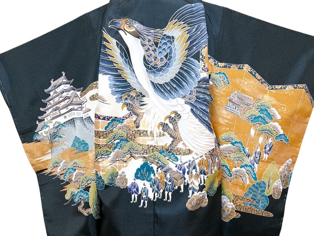 仕付け糸付新品羽織着物♡七五三　5歳　男の子　フルセット　一式　縦縞袴　黒系　鷹