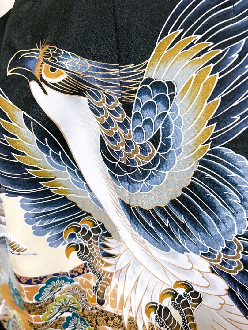 仕付け糸付新品羽織着物♡七五三　5歳　男の子　フルセット　一式　縦縞袴　黒系　鷹