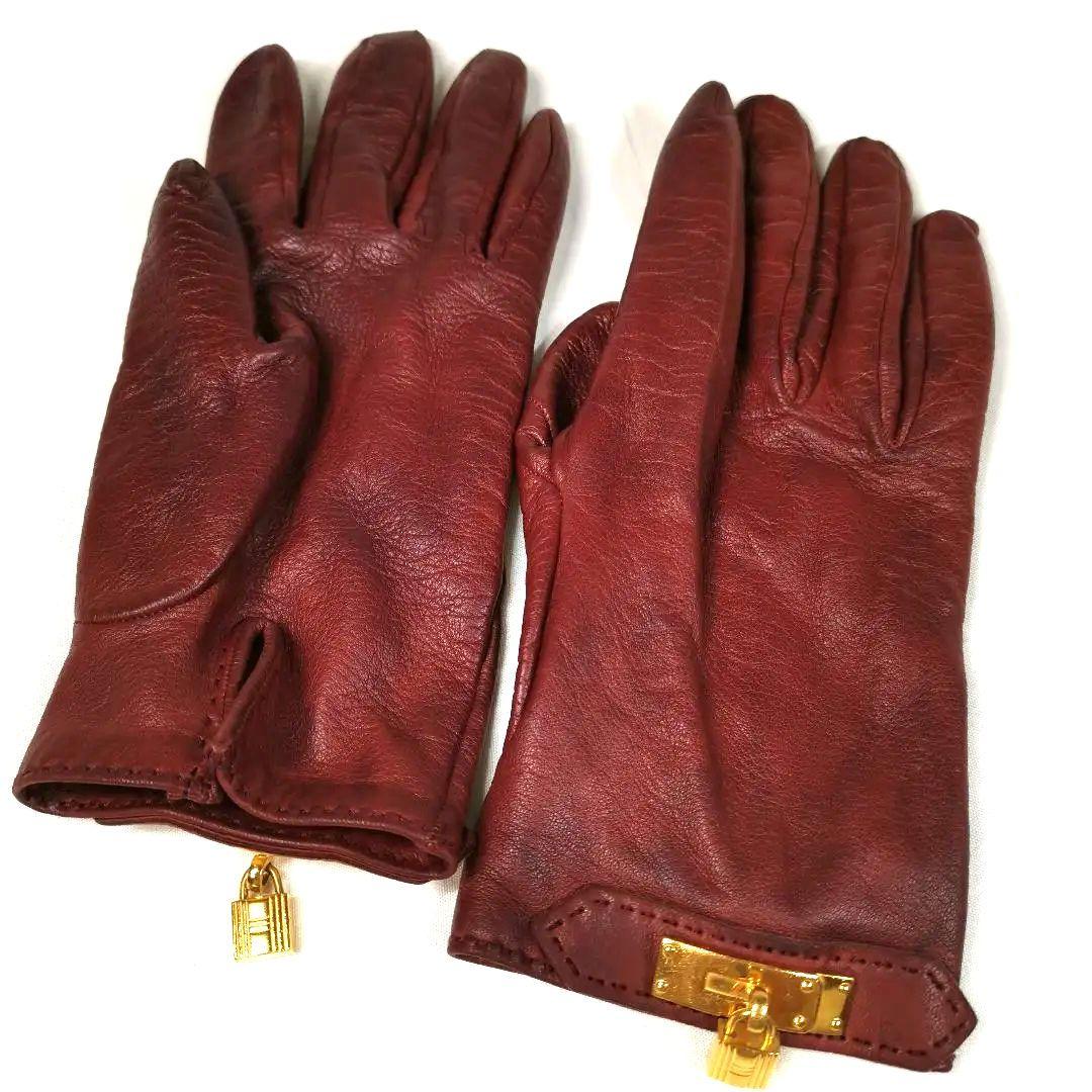 【美品】HERMES ケリー カデナゴールド金具 レザー手袋 ボルドーブラウン