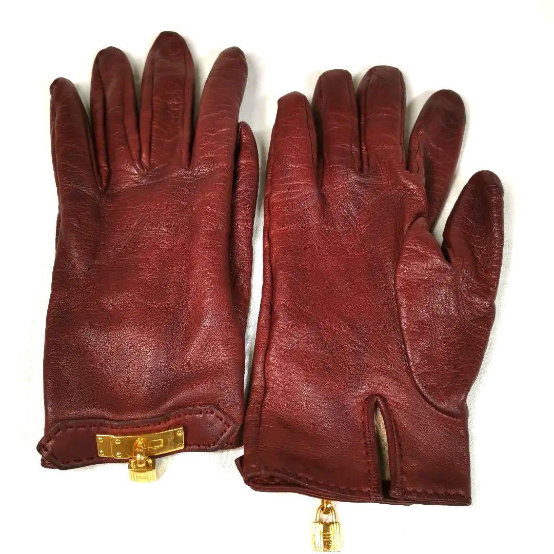 【美品】HERMES ケリー カデナゴールド金具 レザー手袋 ボルドーブラウン
