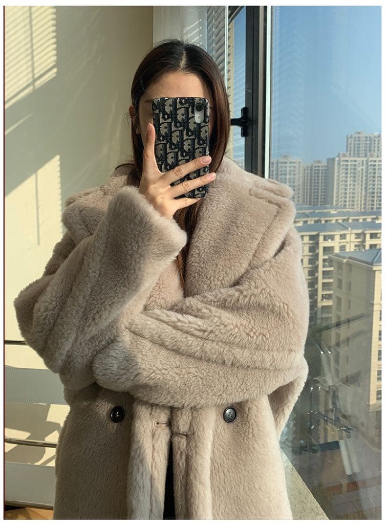 mintレディースアルパカ毛ロングコートふわふわ Mサイズベージュ系