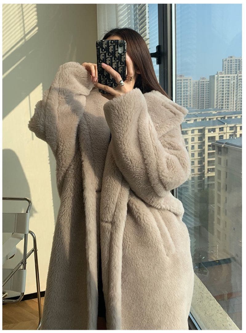 mintレディースアルパカ毛ロングコートふわふわ Mサイズベージュ系