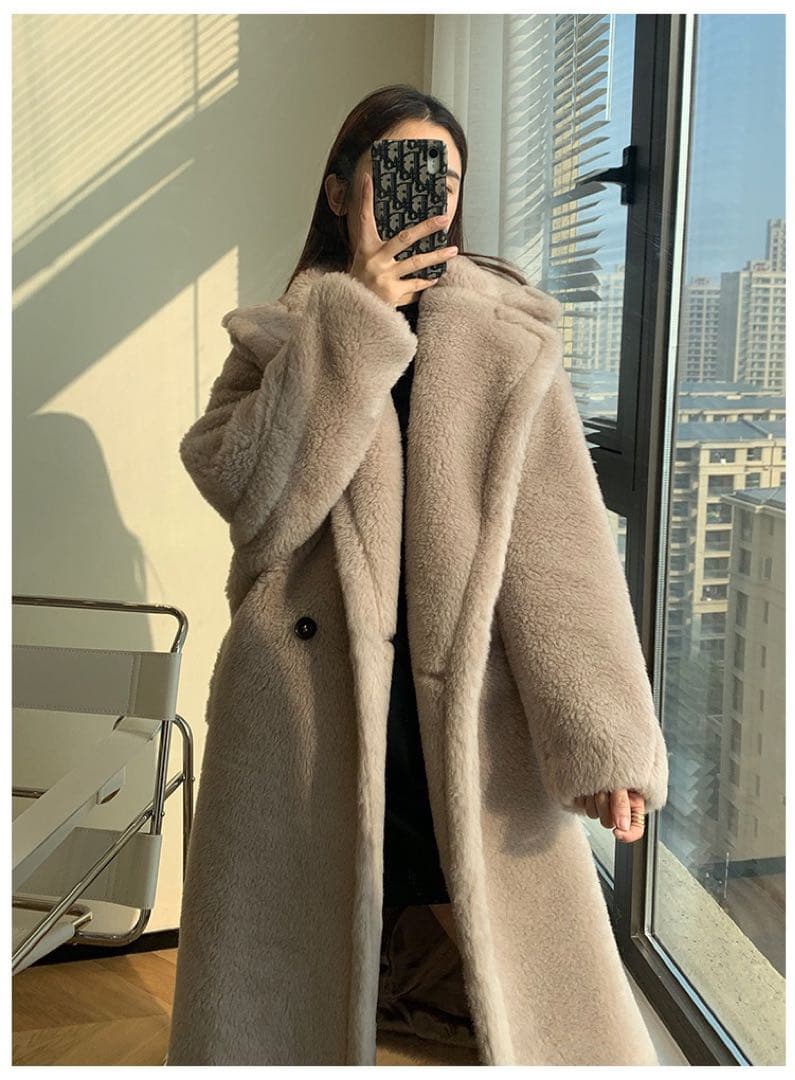 mintレディースアルパカ毛ロングコートふわふわ Mサイズベージュ系