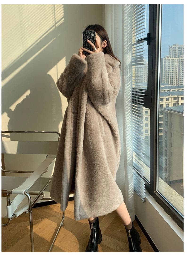 mintレディースアルパカ毛ロングコートふわふわ Mサイズベージュ系