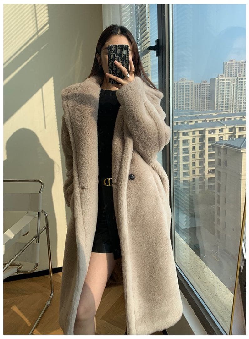 mintレディースアルパカ毛ロングコートふわふわ Mサイズベージュ系