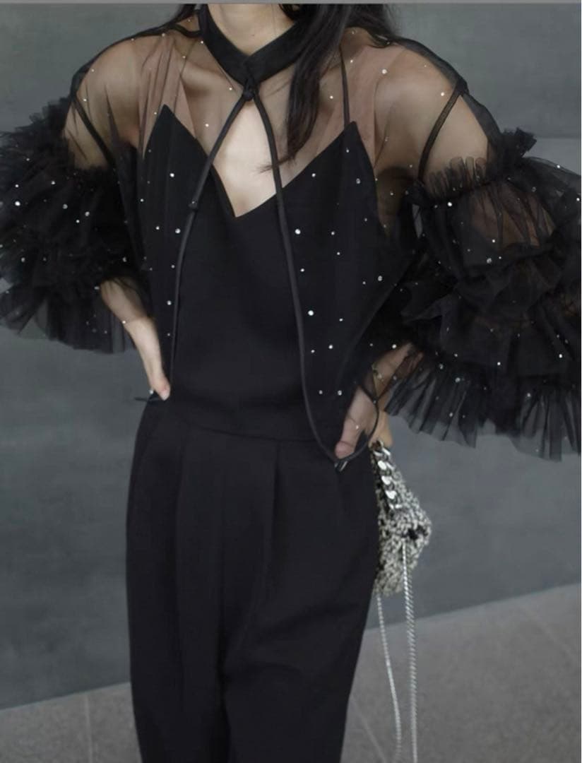 2WAY BIJOU RUFFLE TOP SET ROMPERS ブラックS