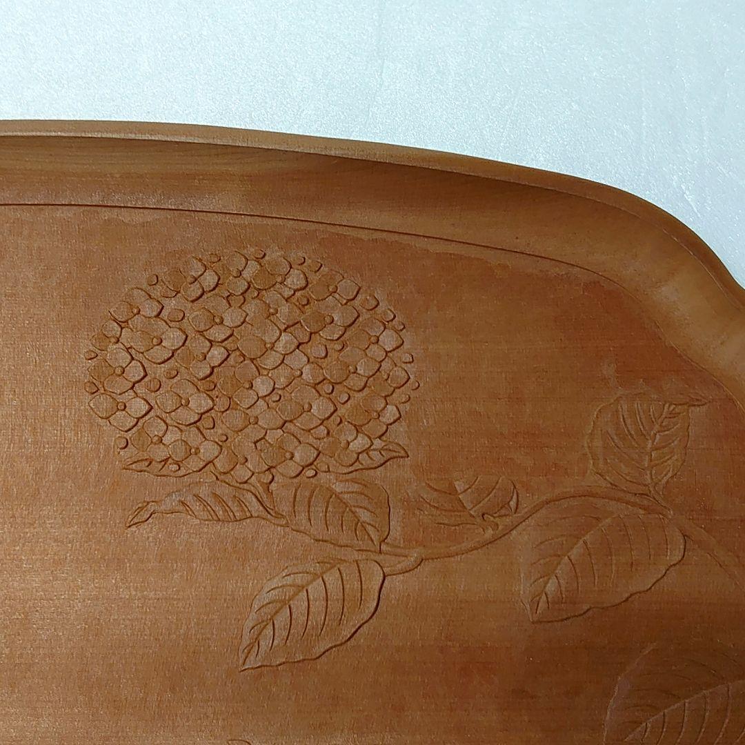 鎌倉彫　桂　木地　木瓜盆 紫陽花文　彫刻 会席盆