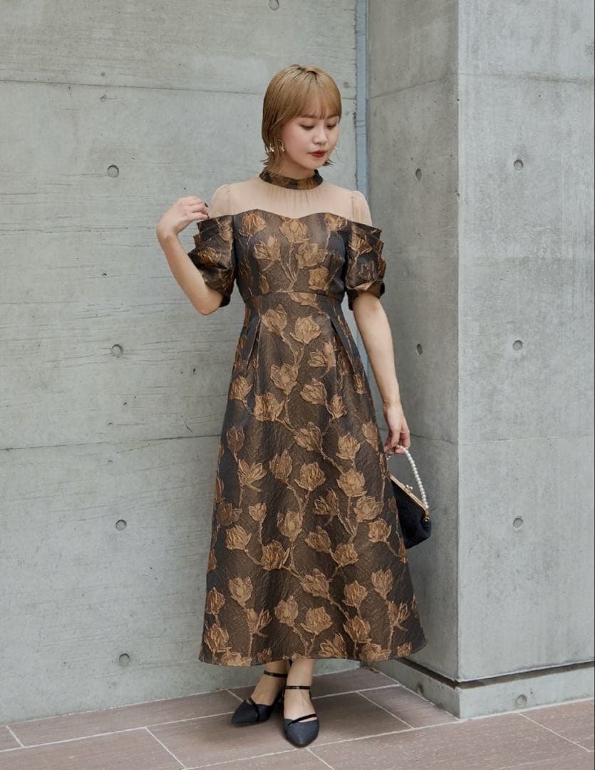 niana フラワージャガードフレアドレス ブラウン