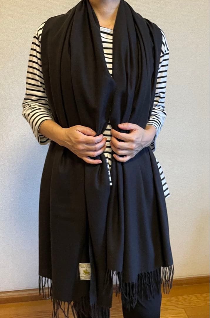 サンプル品在庫処分 カシミア100% フリンジ付きストール ブラック 大判