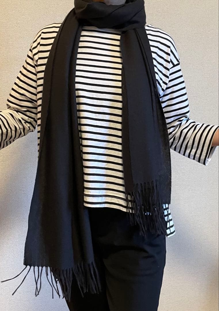 サンプル品在庫処分 カシミア100% フリンジ付きストール ブラック 大判