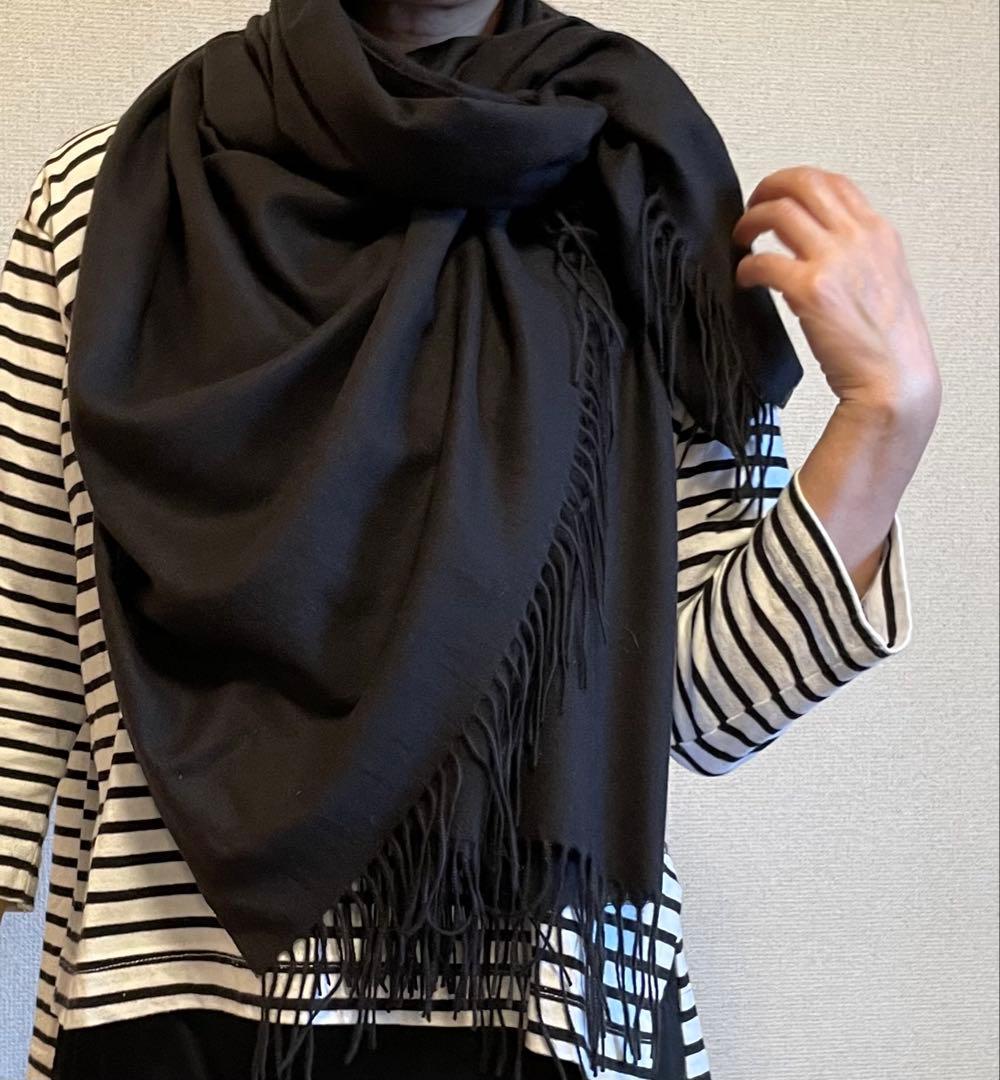 サンプル品在庫処分 カシミア100% フリンジ付きストール ブラック 大判