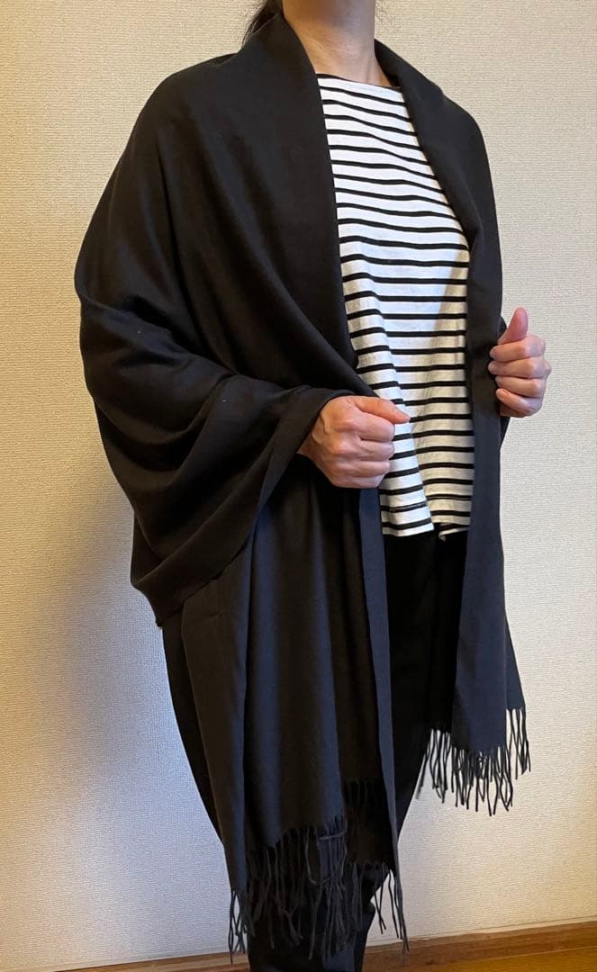 サンプル品在庫処分 カシミア100% フリンジ付きストール ブラック 大判
