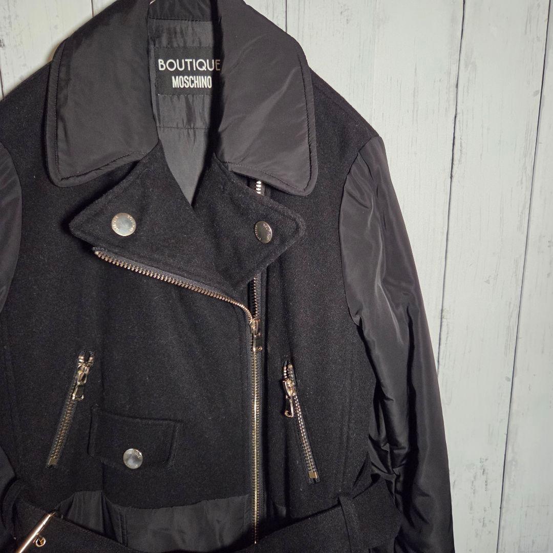 MOSCHINO ライダースコート ダウン ロング 異素材 切替 ウール 黒