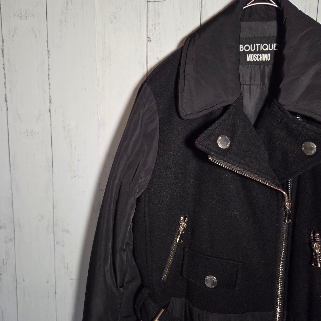 MOSCHINO ライダースコート ダウン ロング 異素材 切替 ウール 黒