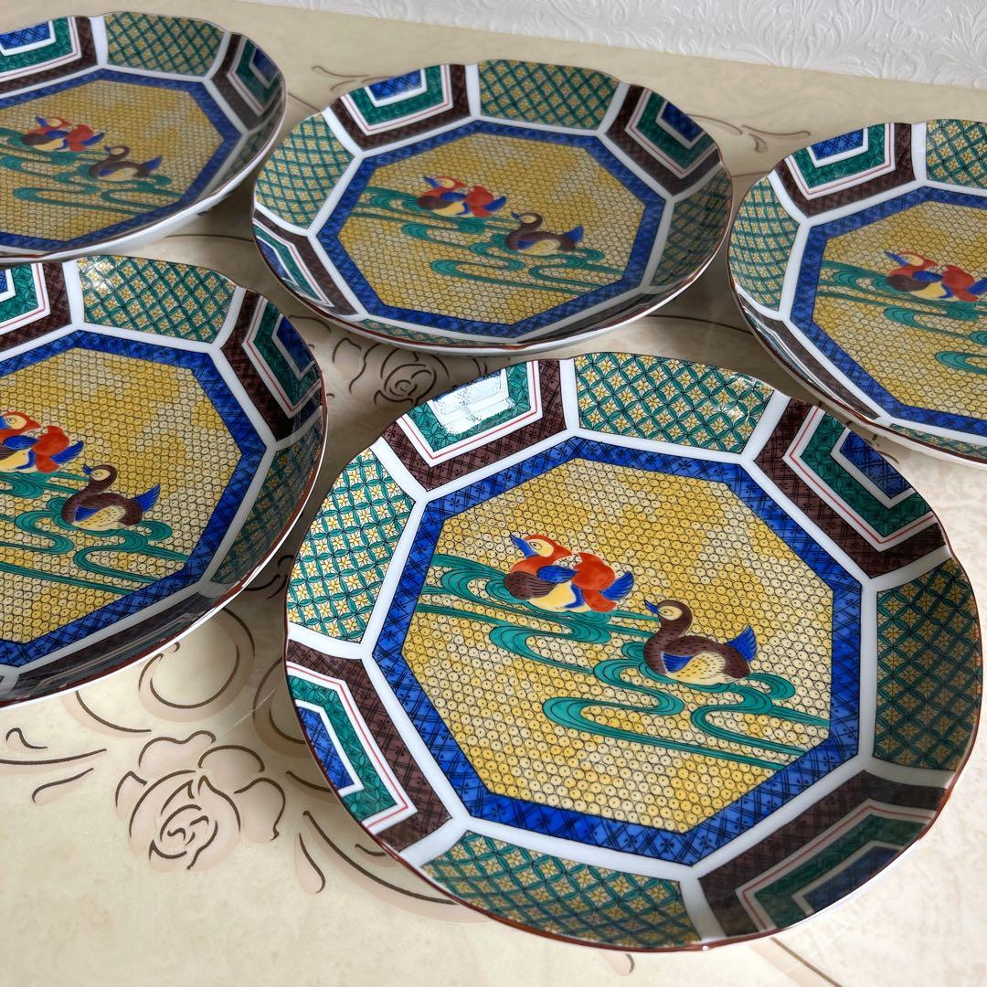 三洋陶器　龍峰窯　古九谷　盛皿揃　5枚セット　黄地花鳥　和皿　中皿　色絵　八角皿