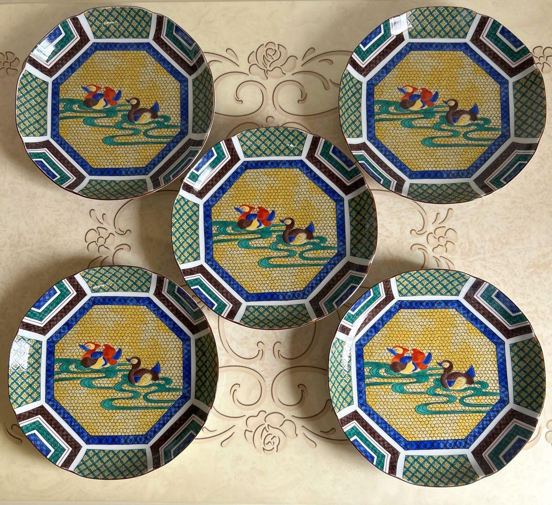 三洋陶器　龍峰窯　古九谷　盛皿揃　5枚セット　黄地花鳥　和皿　中皿　色絵　八角皿