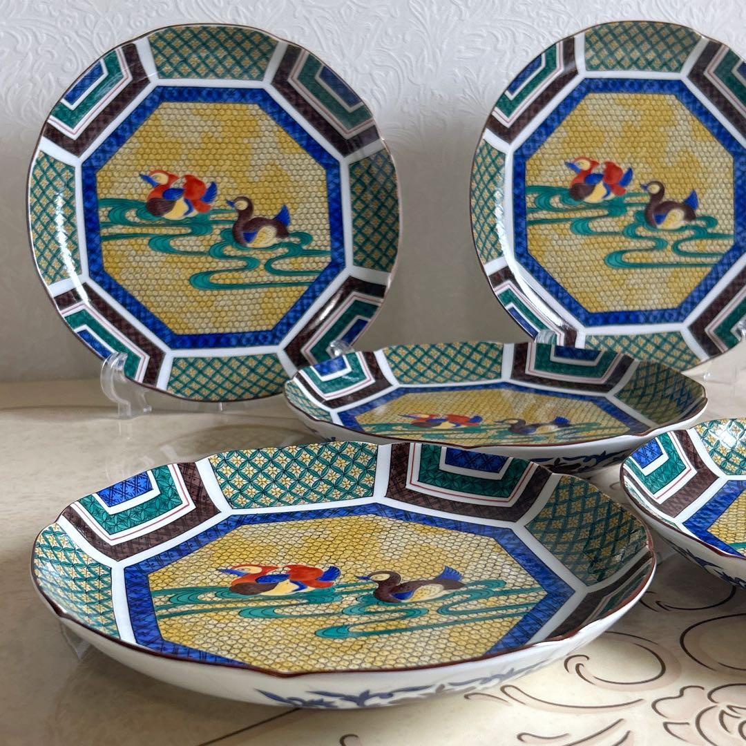 三洋陶器　龍峰窯　古九谷　盛皿揃　5枚セット　黄地花鳥　和皿　中皿　色絵　八角皿