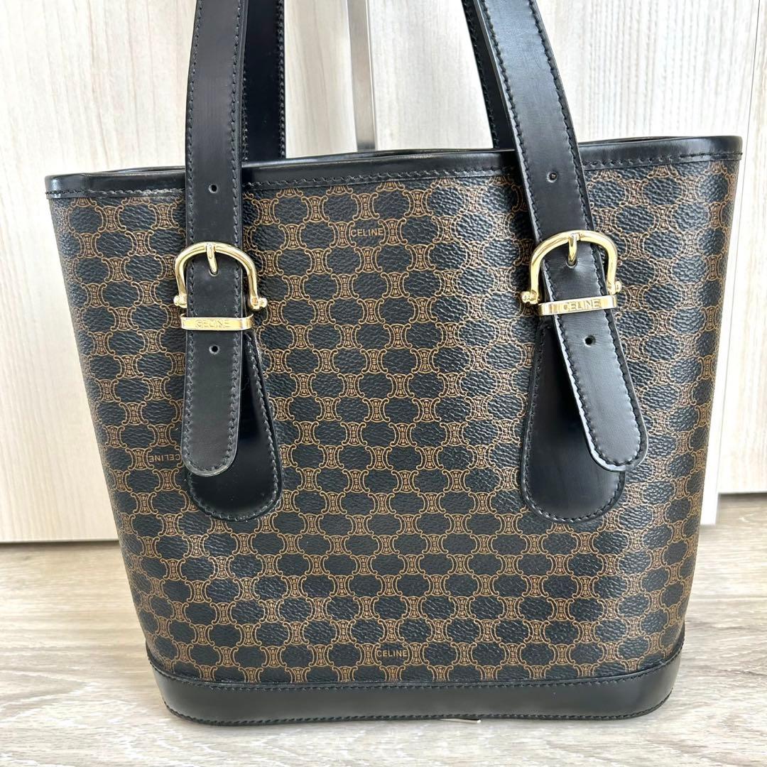 美品 CELINE 黒マカダム トリオンフ PVC バケツ型 トートバッグ