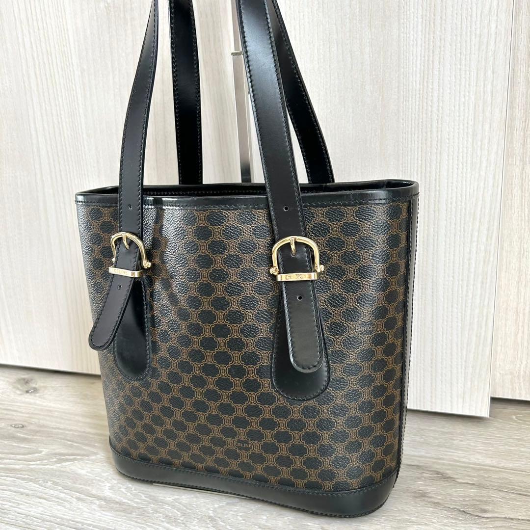 美品 CELINE 黒マカダム トリオンフ PVC バケツ型 トートバッグ
