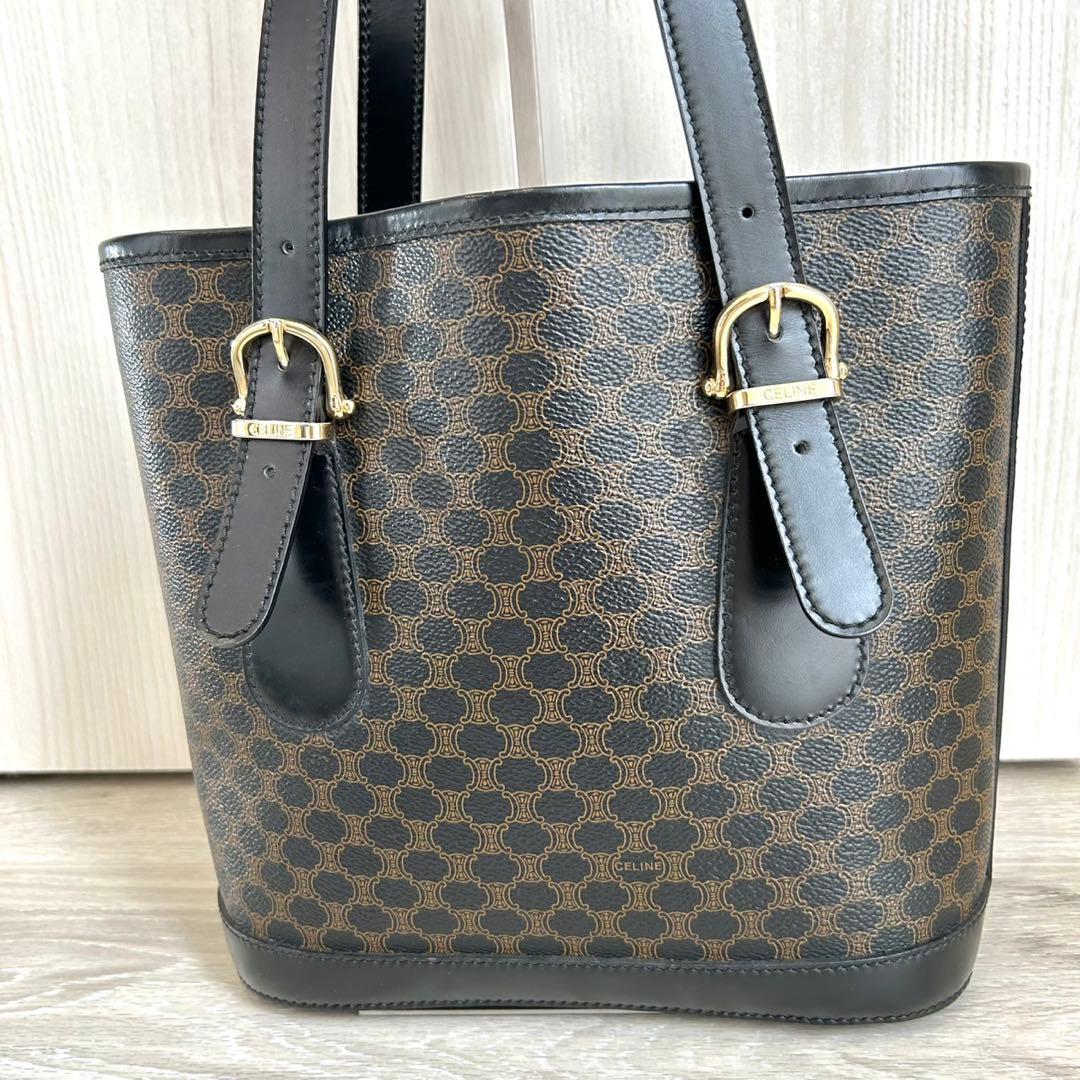 美品 CELINE 黒マカダム トリオンフ PVC バケツ型 トートバッグ