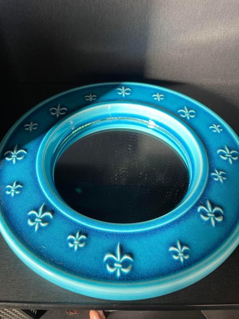 ティファニーブルー 壁掛け鏡 陶器 円形ミラー アンティーク　インテリア雑貨