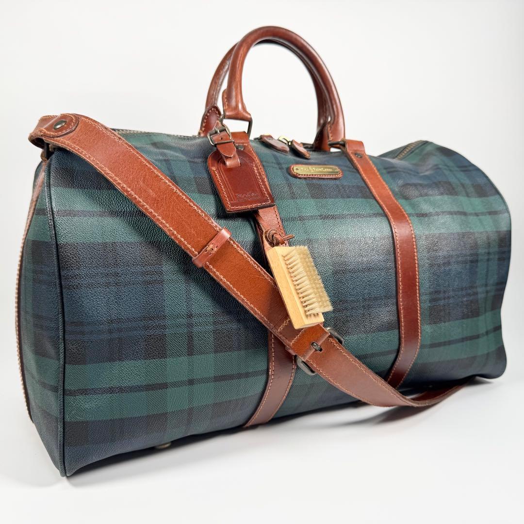 美品 ラルフローレン ボストンバッグ 2WAY レザー チェック グリーン