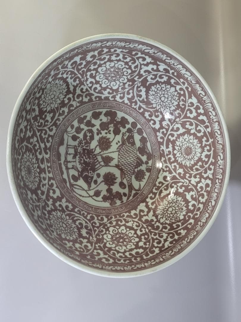 中国美術 釉裏紅 纏枝蓮花 双魚紋 大碗 DT471