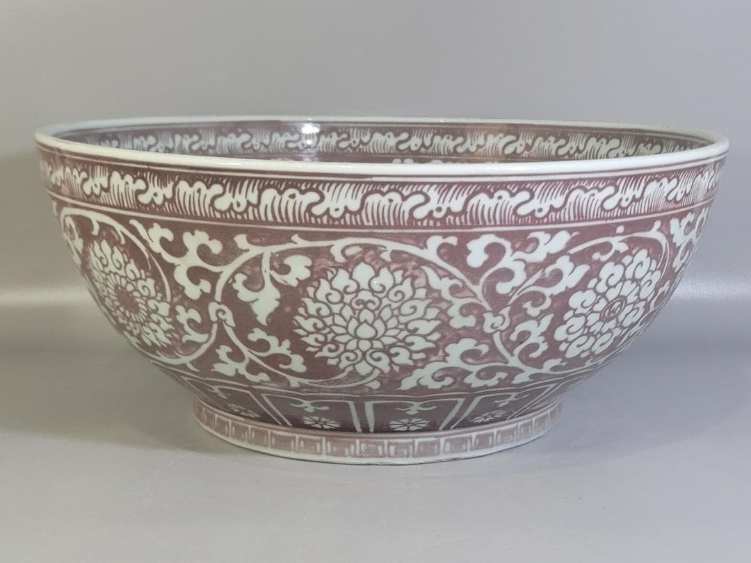 中国美術 釉裏紅 纏枝蓮花 双魚紋 大碗 DT471