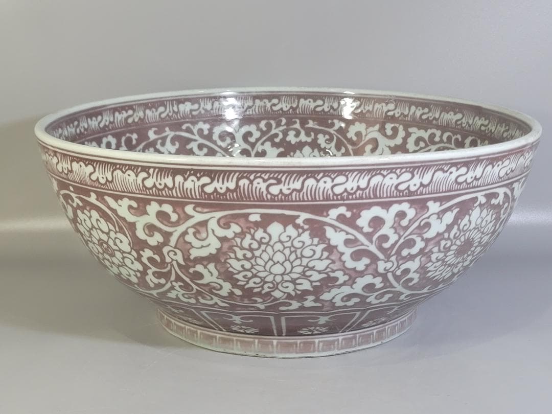 中国美術 釉裏紅 纏枝蓮花 双魚紋 大碗 DT471