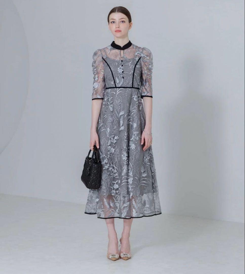 LEJA 花柄刺繍レースチュールパフスリーブAラインワンピースドレス