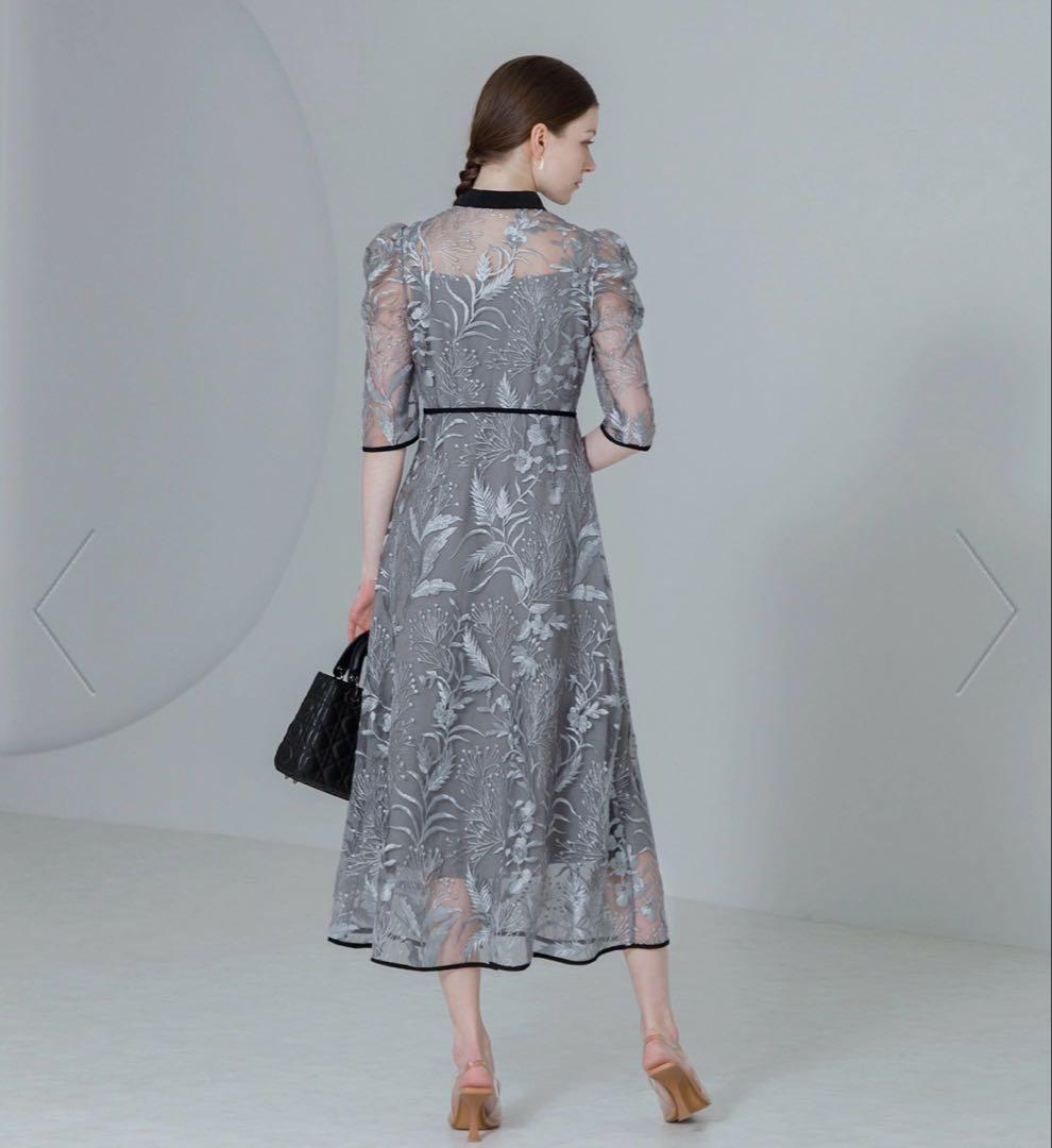 LEJA 花柄刺繍レースチュールパフスリーブAラインワンピースドレス