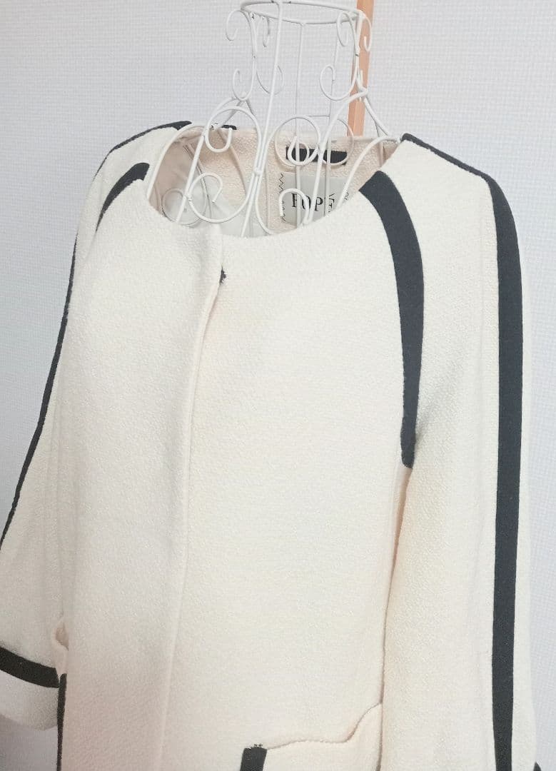 ROPE' リントン ツイード 黒パイピング ホワイトノーカラーコート M