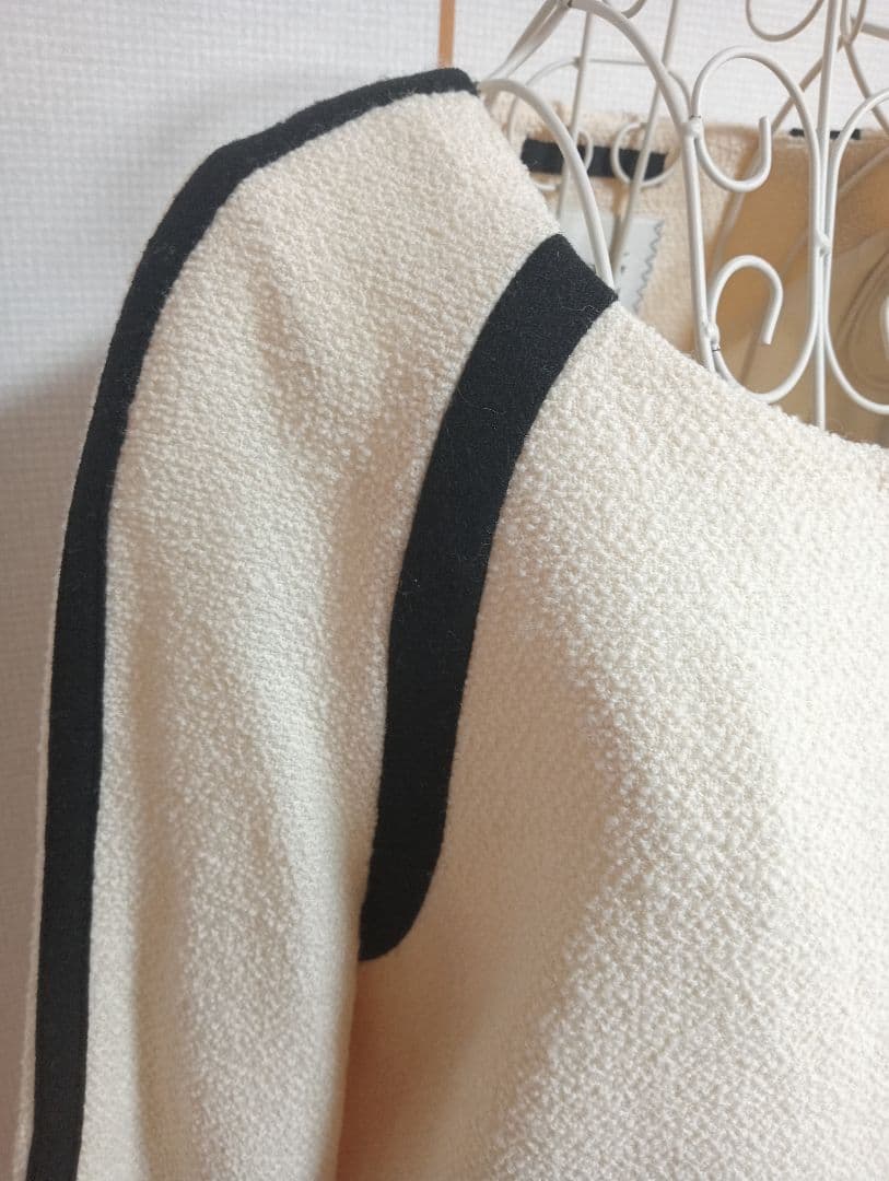 ROPE' リントン ツイード 黒パイピング ホワイトノーカラーコート M