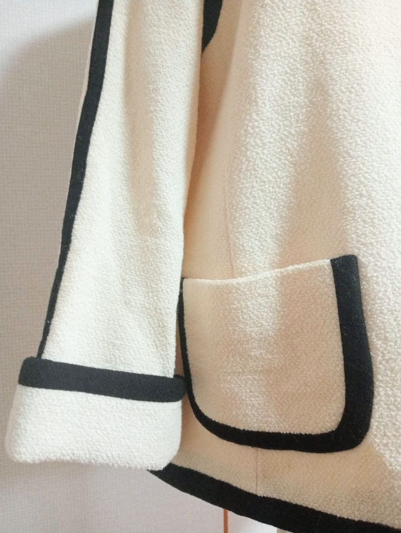 ROPE' リントン ツイード 黒パイピング ホワイトノーカラーコート M