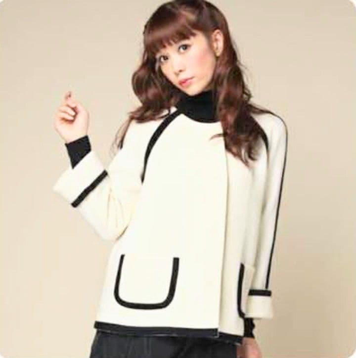 ROPE' リントン ツイード 黒パイピング ホワイトノーカラーコート M