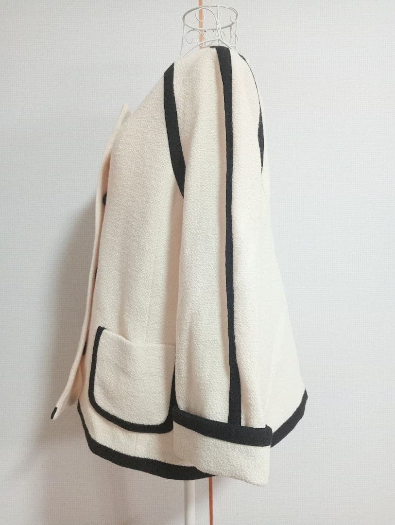 ROPE' リントン ツイード 黒パイピング ホワイトノーカラーコート M