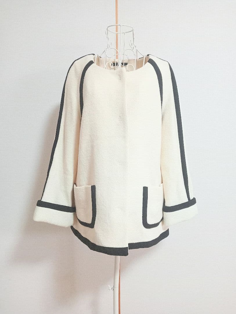 ROPE' リントン ツイード 黒パイピング ホワイトノーカラーコート M