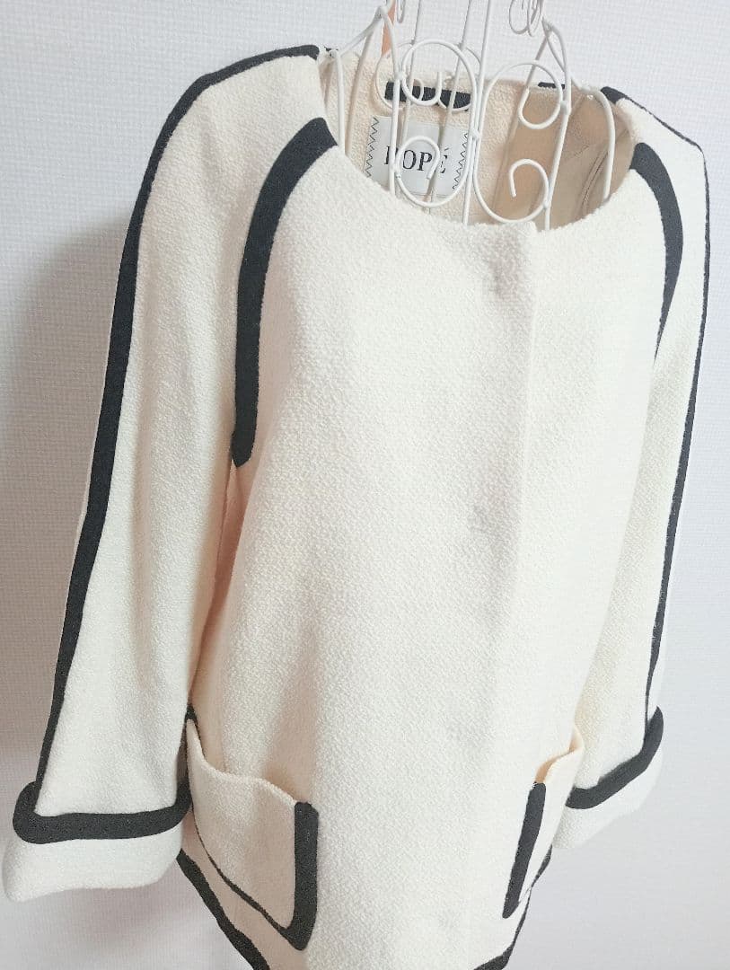 ROPE' リントン ツイード 黒パイピング ホワイトノーカラーコート M