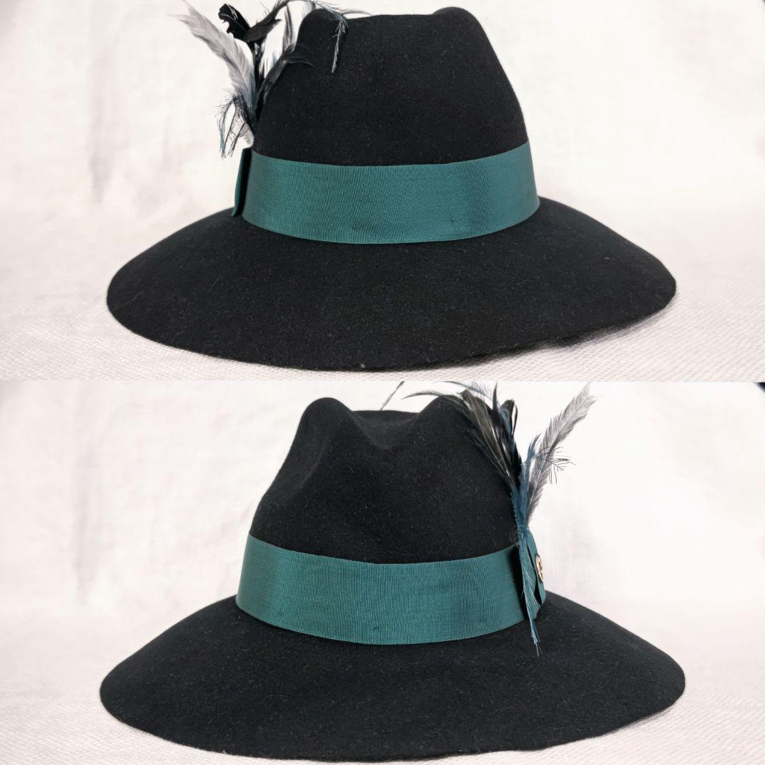 グッチGUCCIラビットファーロングブリム羽根つき中折れハット帽子Lブラック黒