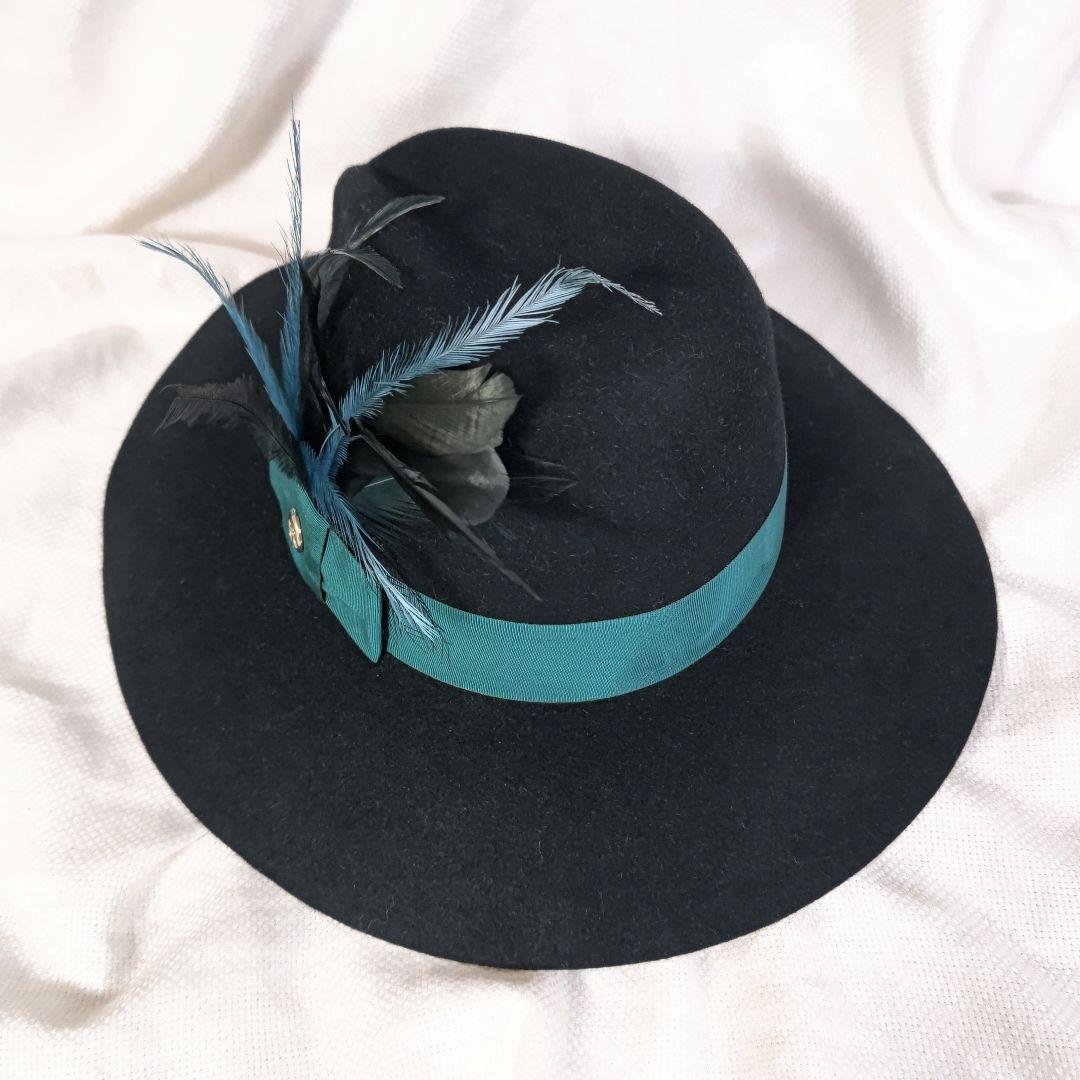 グッチGUCCIラビットファーロングブリム羽根つき中折れハット帽子Lブラック黒