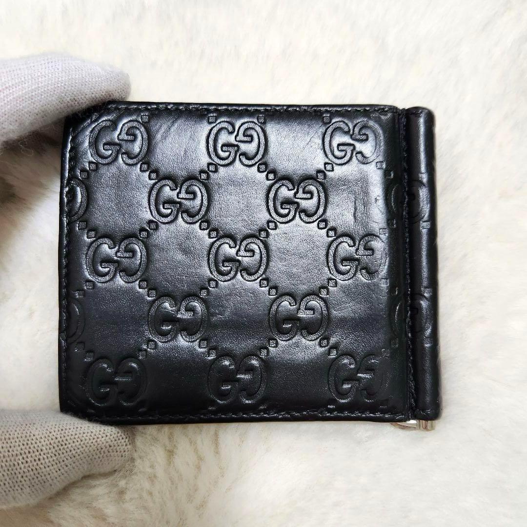 ✨極美品✨グッチ　マネークリップ　シマレザー　二つ折り　レザー　ブラック